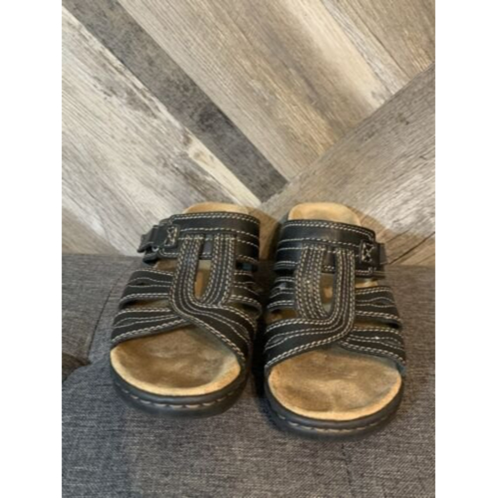 Clarks Bendables Wedge Open Toe Black Sandals Size 7W 65785 Leather Upper